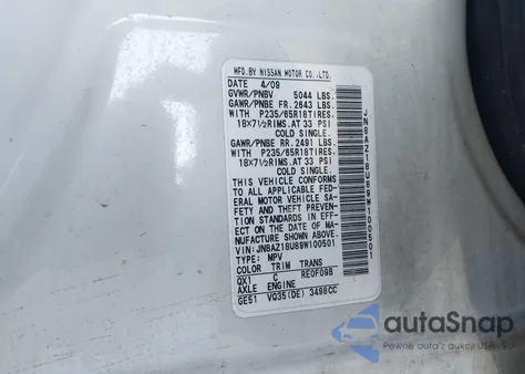 2009 Nissan Murano Sl z USA, uszkodzony, nr VIN JN8AZ18U89W100501